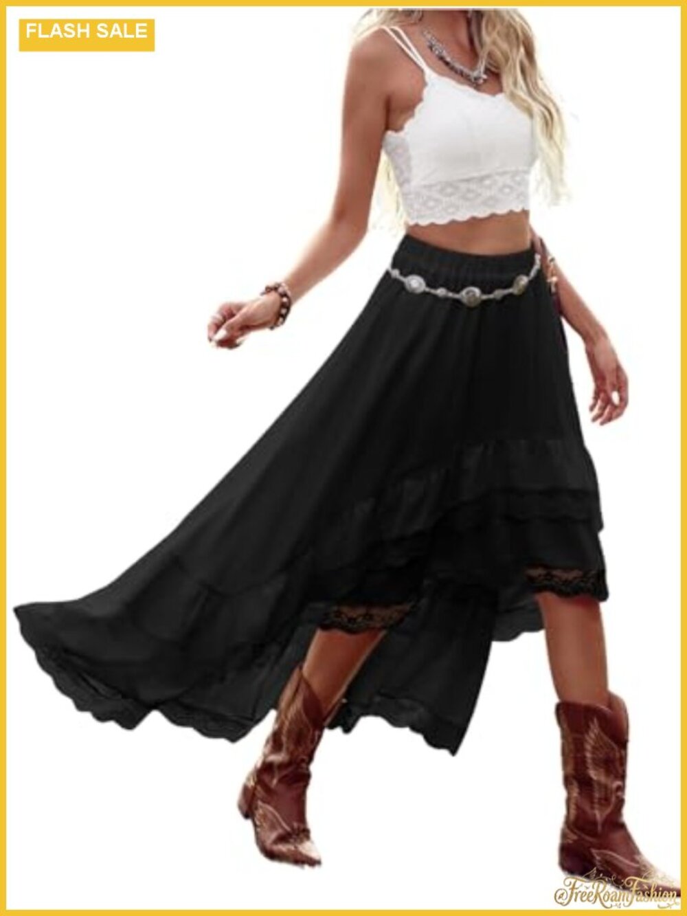 Western Boho Lace Skirt Country Concert Outfit Flowy Cowgirl